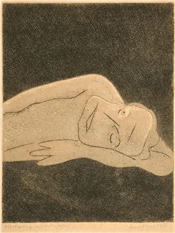 A minimalist etching of a reclining figure in neutral tones against a textured dark background.