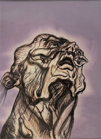 A raw charcoal sketch of a contorted, screaming face against a muted purple background.