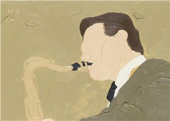 A profile portrait of a figure playing a saxophone against a textured olive background.
