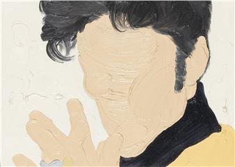 A close-up portrait of a person with obscured facial features and dark hair, rendered in thick impasto paint.