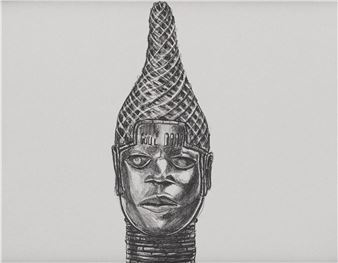 A monochromatic sketch of a stylized head with a tall, textured crown and a face resembling an ancient mask.