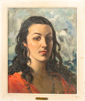 A portrait of a woman with dark wavy hair and a red garment, set against an abstract background.