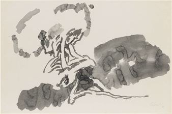 A dynamic ink sketch of a figure in motion against an abstract background.