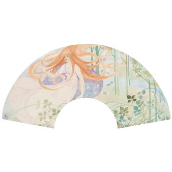 A delicate fan featuring a serene figure with flowing hair amidst a soft, nature-inspired landscape.