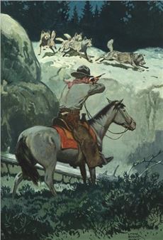 A lone figure on horseback aims a rifle at a pack of wolves in the distance.