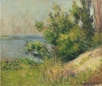 A sun-drenched riverbank scene rendered in loose, impressionistic brushstrokes.