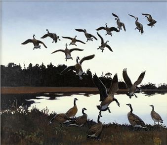A flock of geese takes flight over a tranquil lake at dusk.