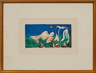 A framed woodcut print depicting a surreal night scene with a ghostly figure emerging from waves under a starry sky.
