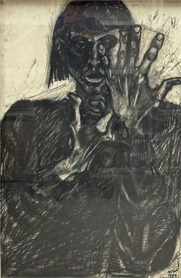 A dark, sketchy portrait of a figure with a raised hand covering part of their face.