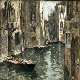 A watercolor scene of a narrow canal lined with weathered buildings, featuring small boats and figures on balconies.