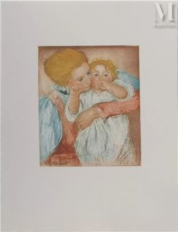 A tender pastel drawing of a person holding a small child.