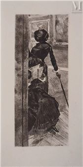 A monochromatic etching of a figure in a voluminous skirt holding a cane, viewed from behind.