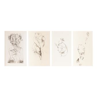A four-panel sketch series featuring abstract, organic figures rendered in loose ink lines.