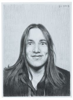 A hyper-realistic charcoal portrait of a person with wide eyes and long hair.