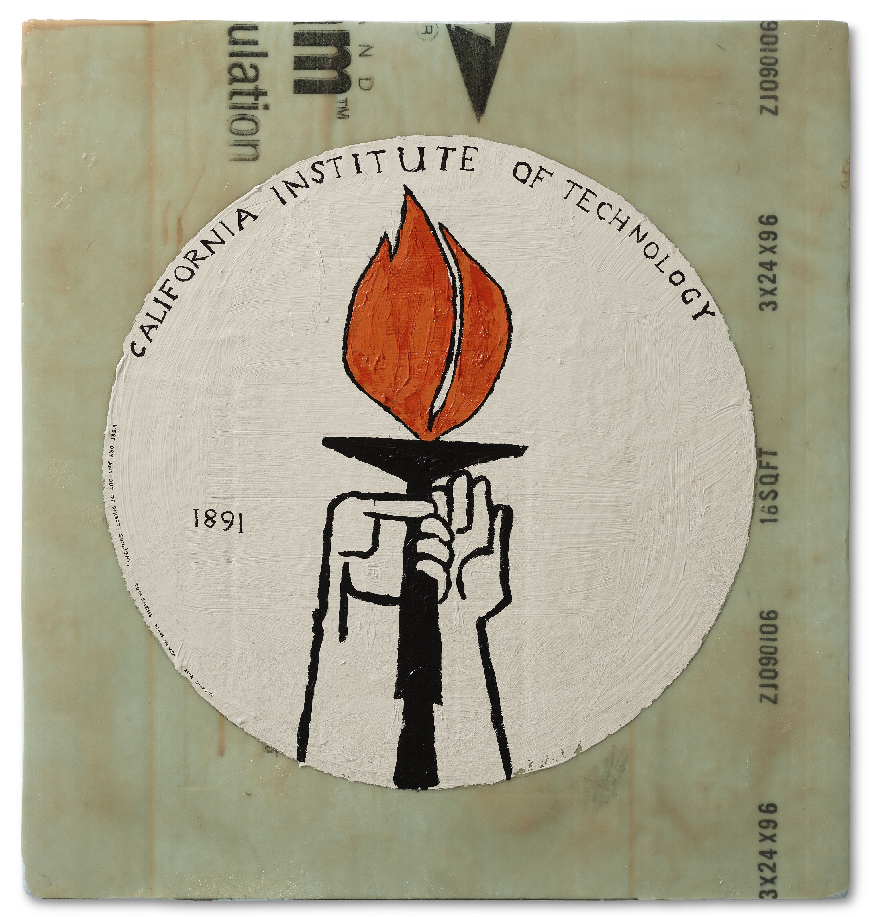A hand holding a stylized torch flame inside a circular frame on a textured background.