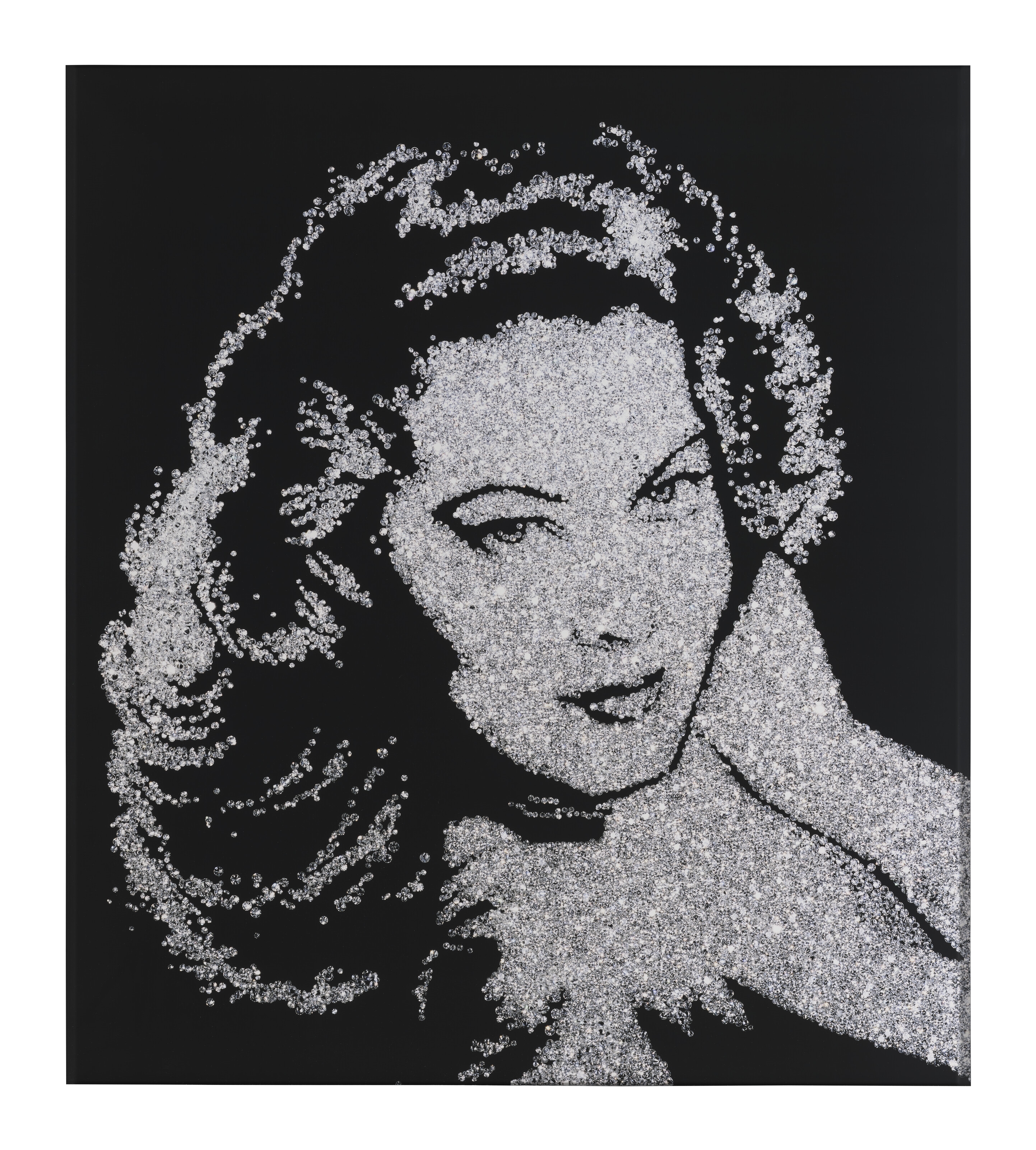 A portrait rendered in a grainy, pointillist style against a solid black background.