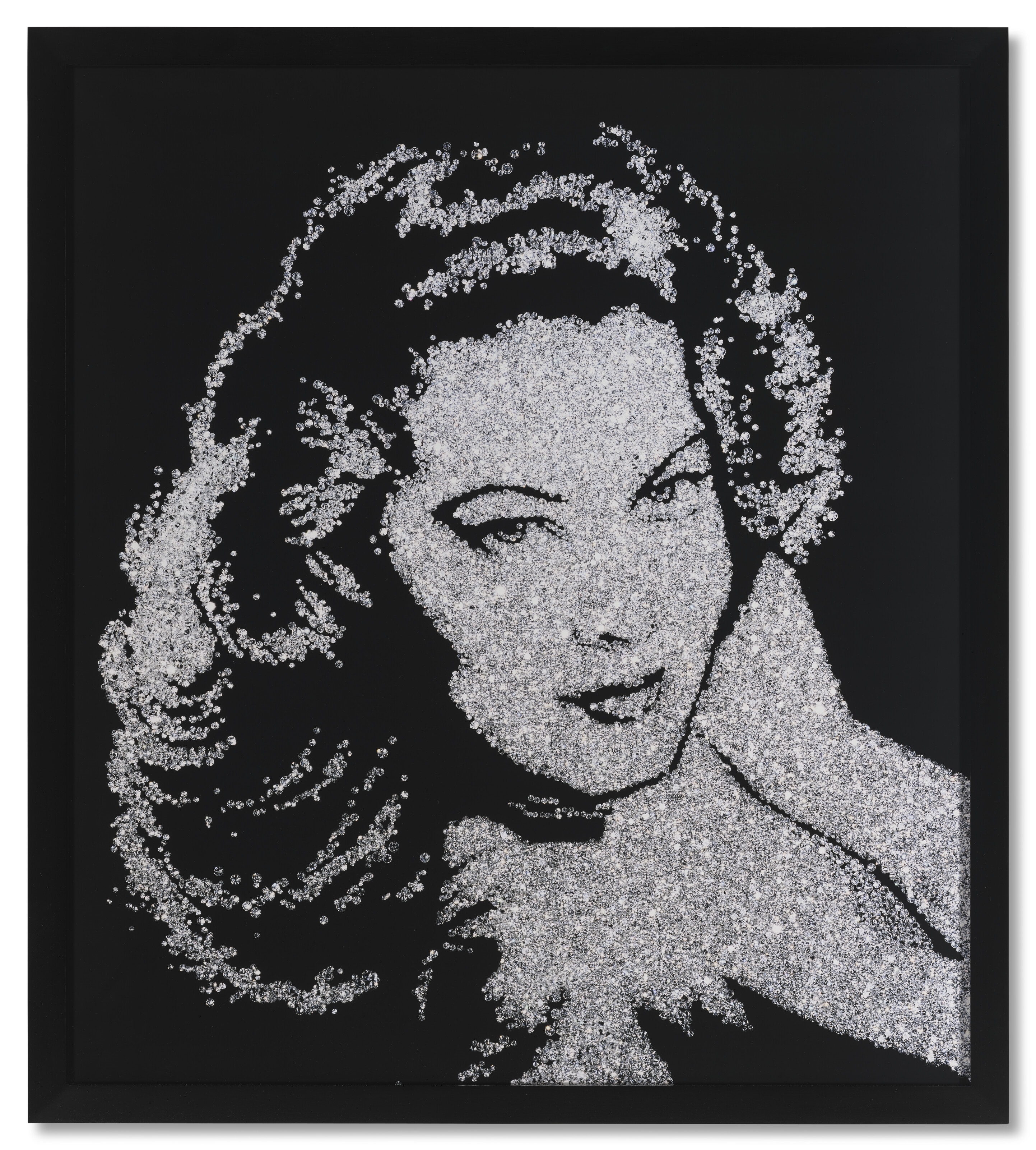 A portrait rendered in a grainy, pointillist style against a solid black background.
