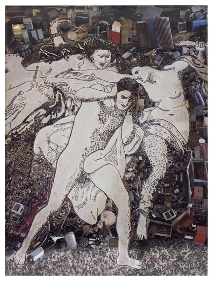 A surreal composition where human figures emerge from a chaotic landscape of discarded mechanical parts.