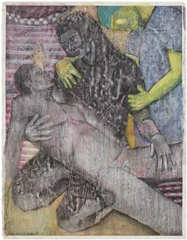 A textured, multi-layered artwork depicting a figure in a dynamic pose with vivid colors and expressive brushwork.