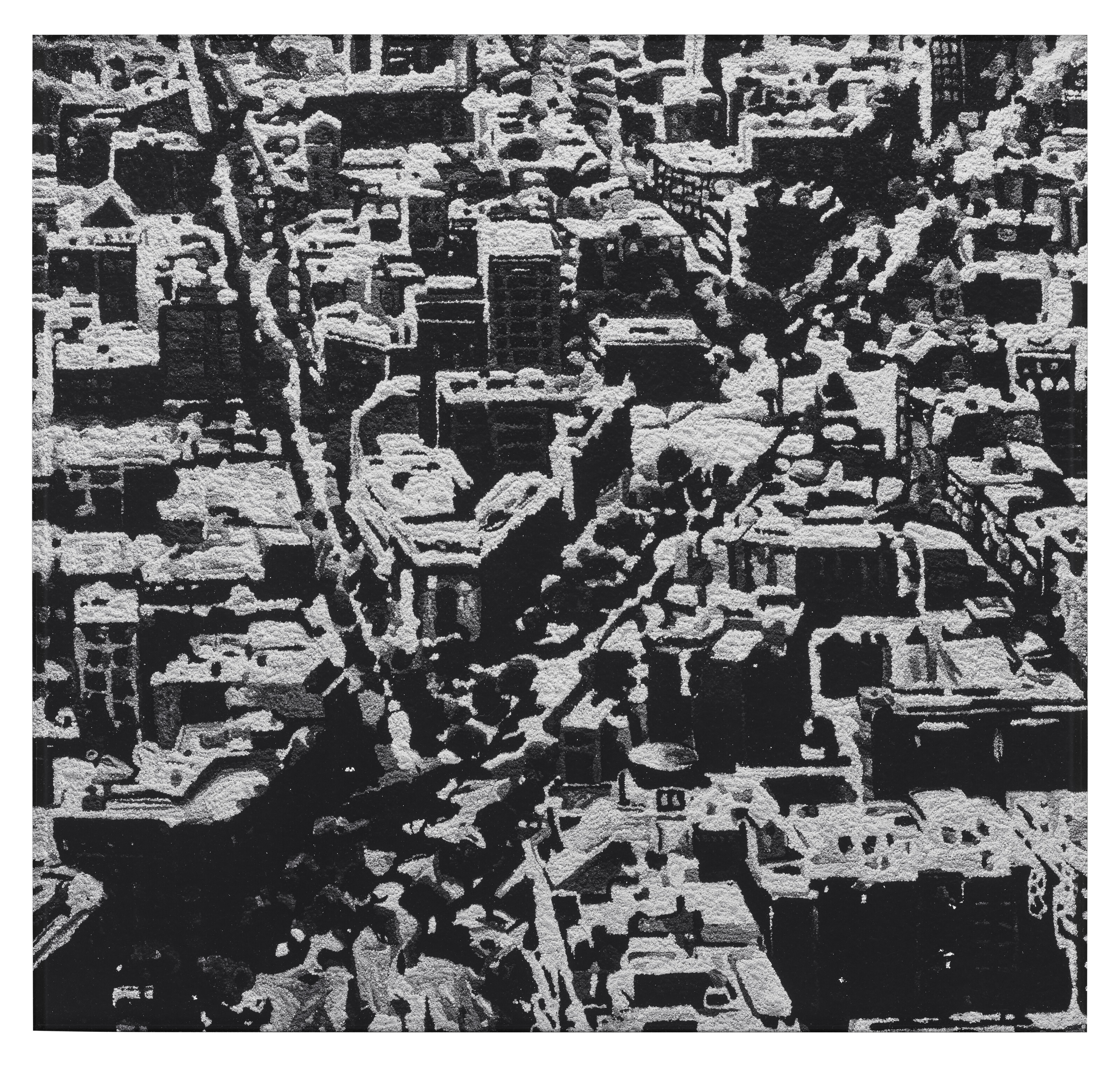 A black and white cityscape rendered in a grainy, textured style.