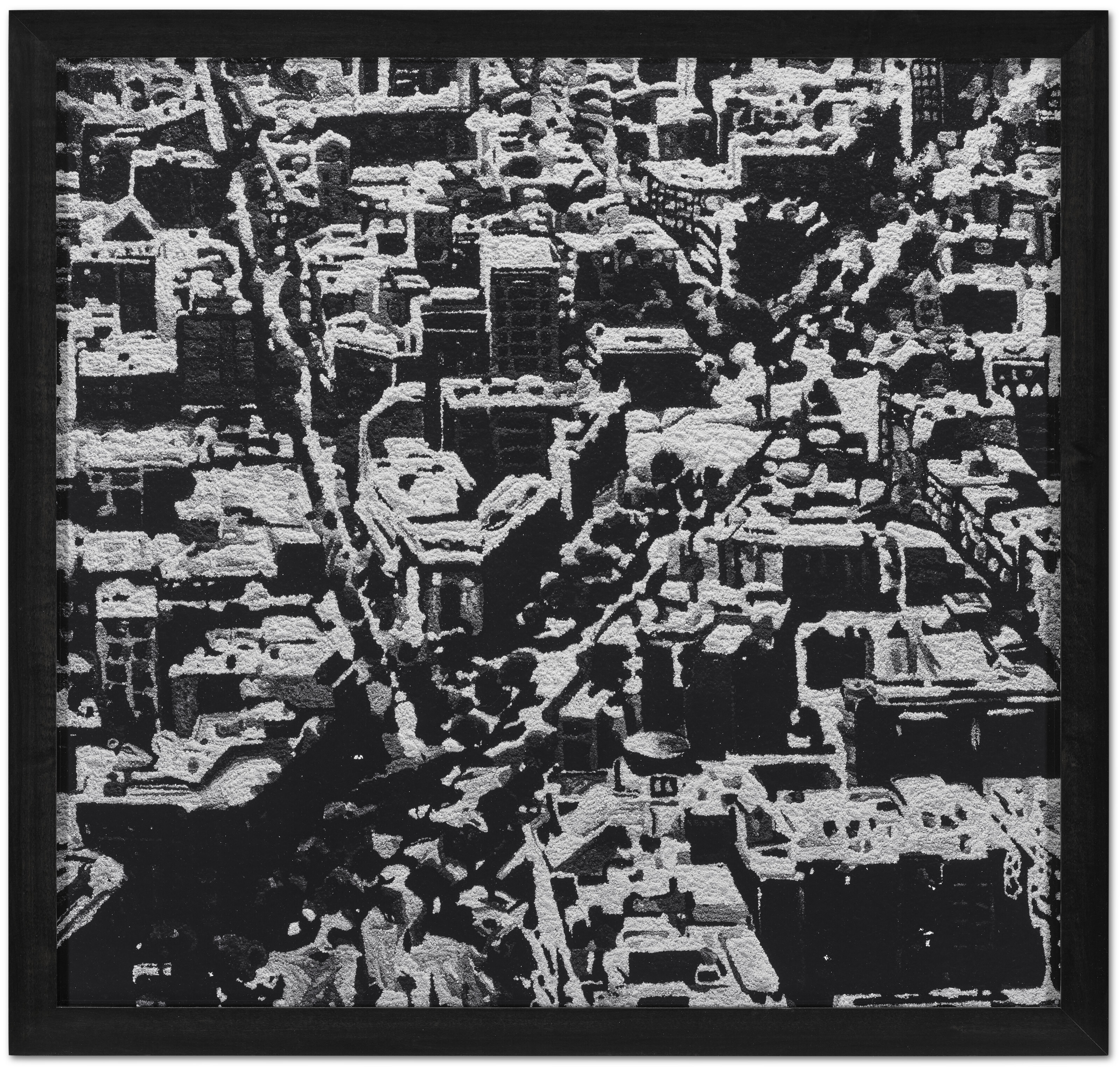 A black and white cityscape rendered in a grainy, textured style.