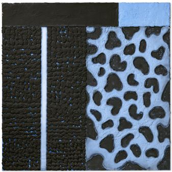 A textured abstract composition featuring a leopard print pattern against dark, grainy surfaces.