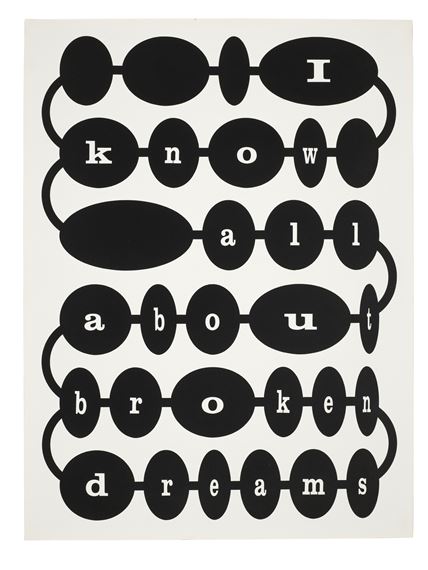 A minimalist graphic design featuring black oval shapes connected by lines, each containing white letters that spell out a phrase.