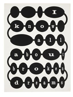A minimalist graphic design featuring black oval shapes connected by lines, each containing white letters that spell out a phrase.
