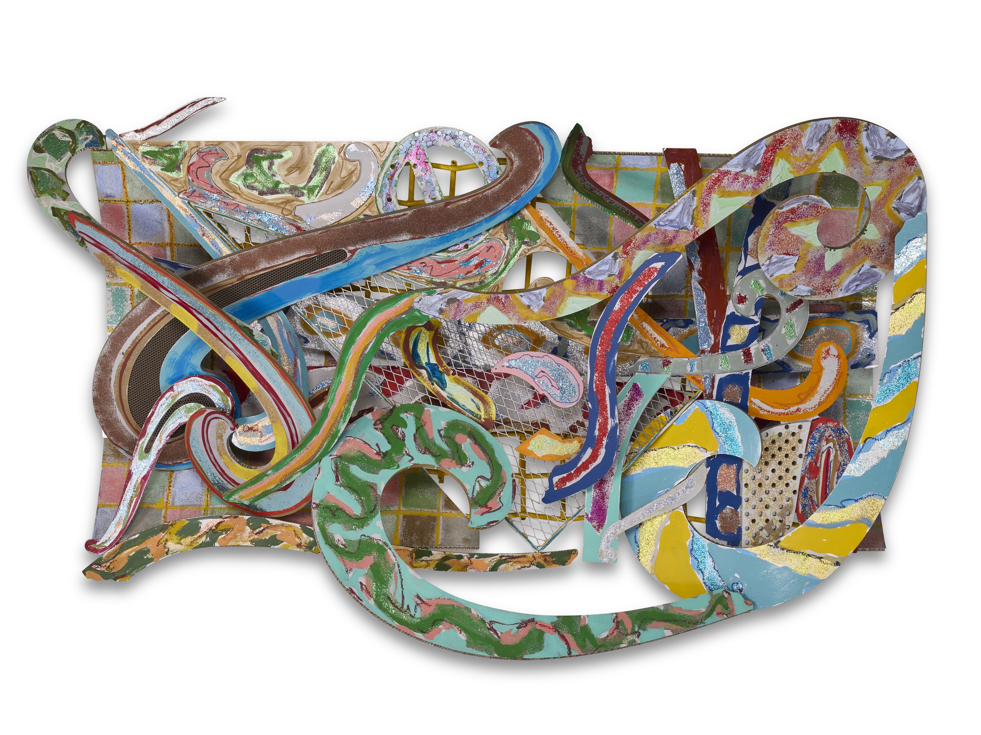 A colorful, abstract relief sculpture featuring swirling organic forms and a patchwork background.