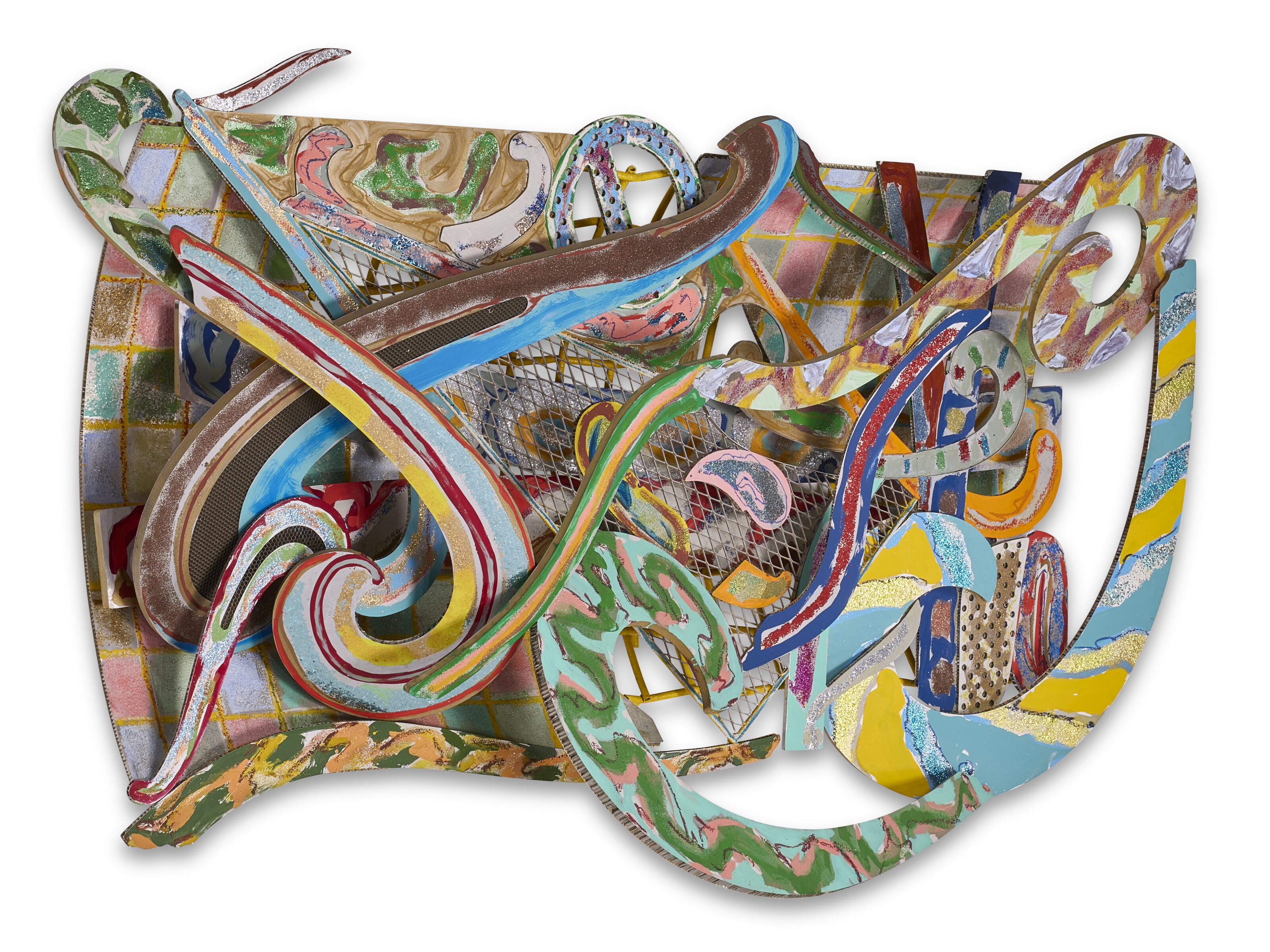 A colorful, abstract relief sculpture featuring swirling organic forms and a patchwork background.