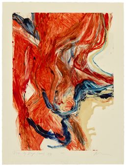 An abstract print featuring a dynamic composition of red and blue forms against a neutral background.