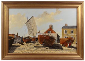 A maritime scene depicting several wooden boats resting on a sandy shore in front of coastal buildings.