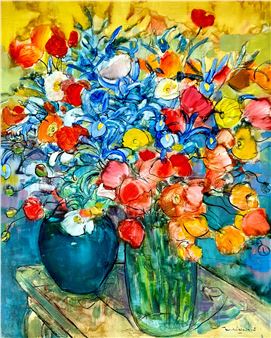 A vibrant floral still life featuring two vases overflowing with colorful flowers on a wooden surface.