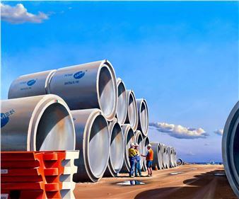 A realistic painting of a construction site with stacked metal pipes and two figures inspecting the materials.
