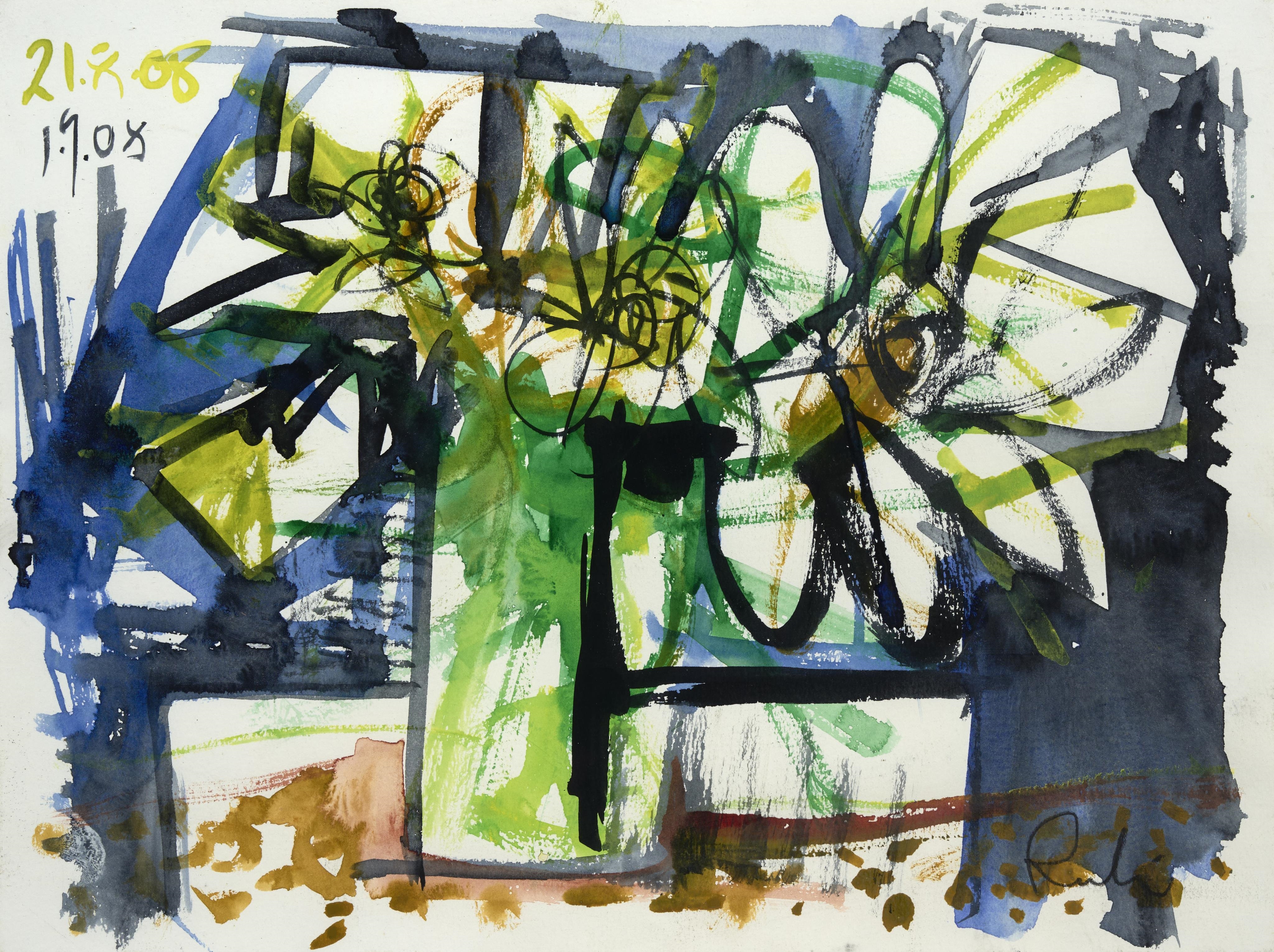 An abstract watercolor composition featuring a central green vase with flowers against a blue and black background.