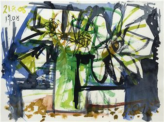 An abstract watercolor composition featuring a central green vase with flowers against a blue and black background.
