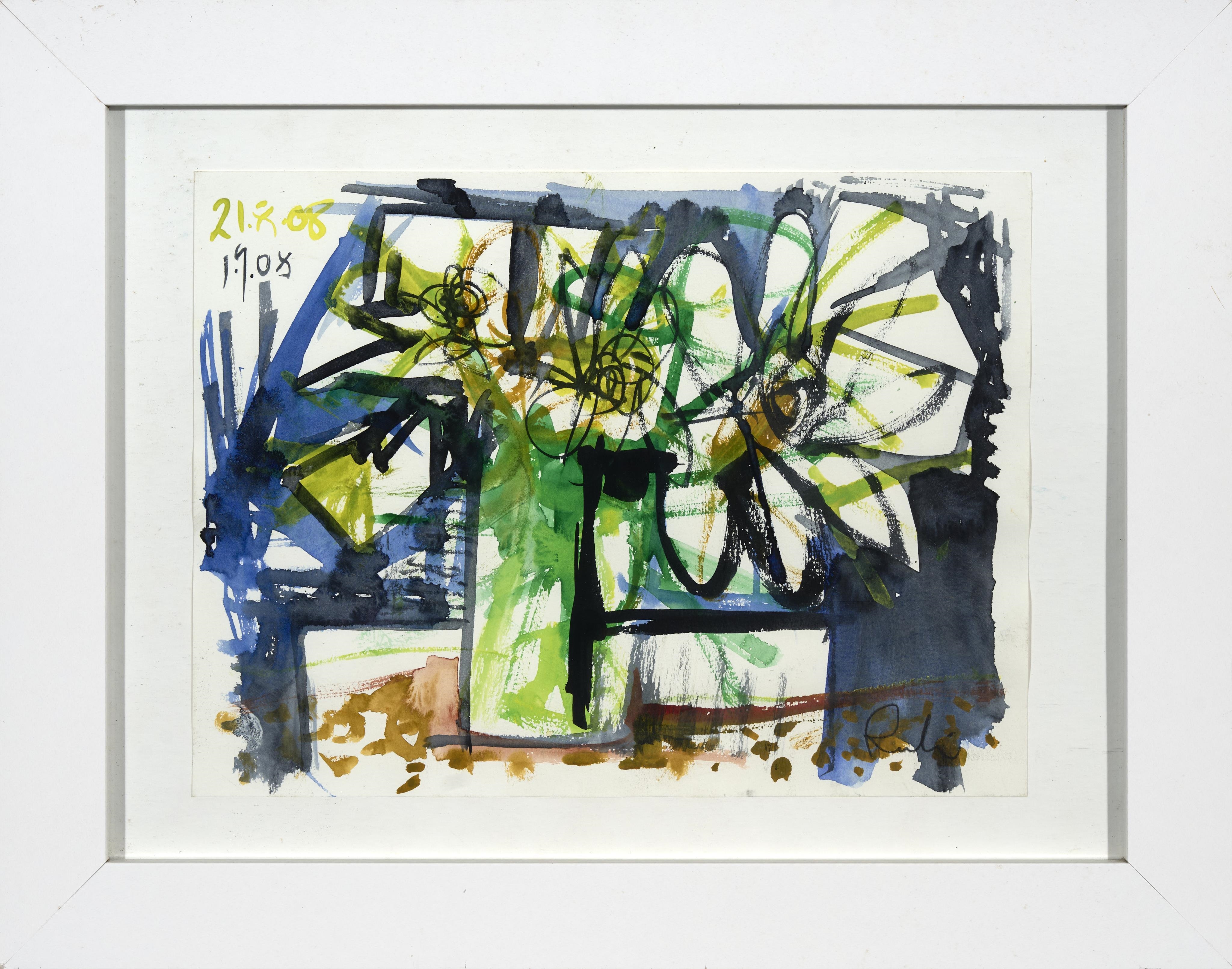 An abstract watercolor composition featuring a central green vase with flowers against a blue and black background.