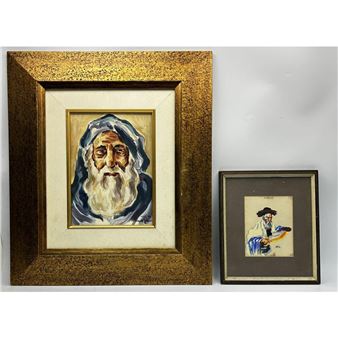 A display of two framed portraits, one large and one small, featuring expressive brushwork and contrasting color palettes.