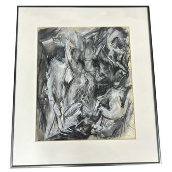 A monochromatic charcoal drawing of intertwined nude figures in a dynamic, abstract composition.