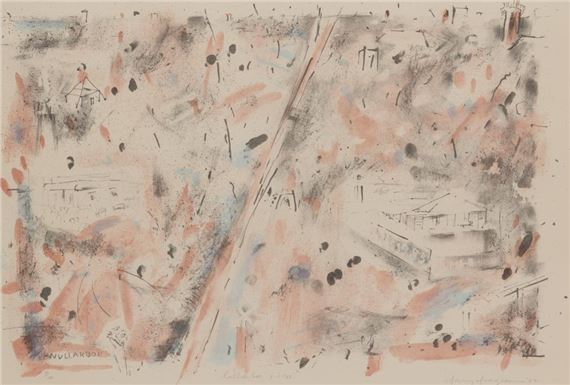 An abstract landscape print featuring a diagonal road cutting through a textured, impressionistic scene.