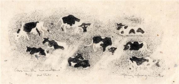 A monochromatic print of scattered black and white cow shapes on a textured paper background.