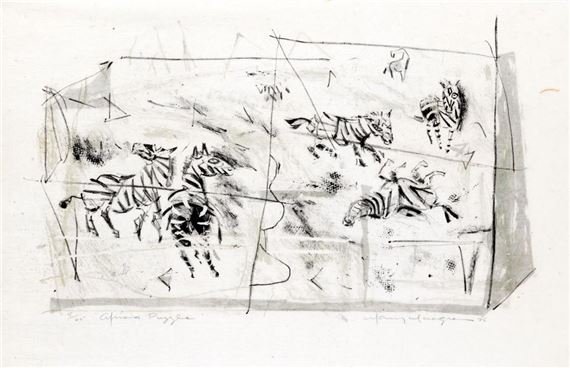 A sketchy, abstract composition of multiple zebra figures within a geometric frame.