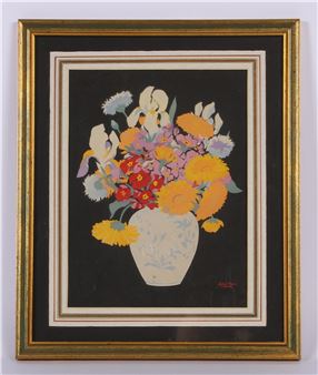 A colorful floral bouquet in a patterned vase set against a dark background.