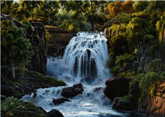 A serene digital painting of a cascading waterfall surrounded by dense forest.