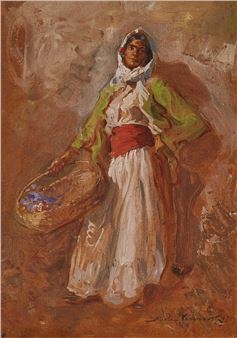 A figure in traditional dress stands holding a basket against a warm, textured background.