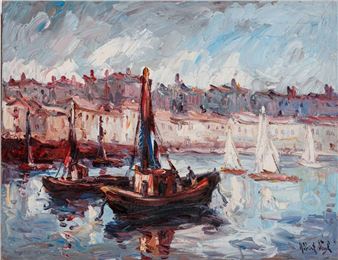 A vibrant impressionist harbor scene featuring boats and a distant cityscape under a dramatic sky.