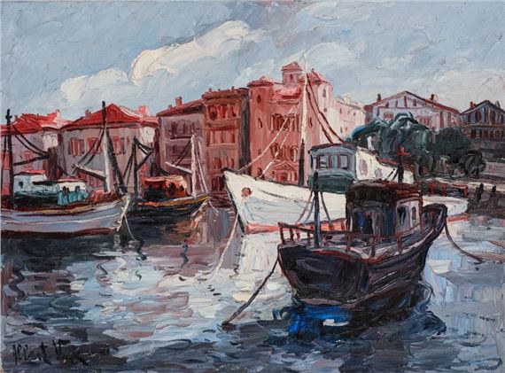 A vibrant impressionist harbor scene featuring colorful buildings and moored fishing boats under a cloudy sky.