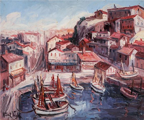 "A vibrant harbor scene with colorful buildings and boats."