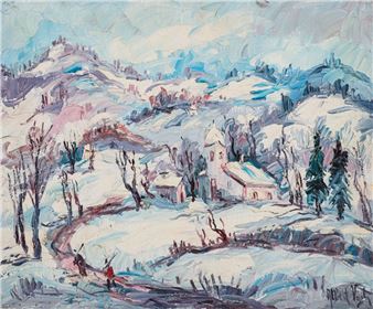 A winter landscape painting featuring a snowy village nestled in rolling hills.