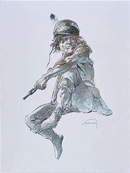 A dynamic watercolor illustration of a figure in mid-air, brandishing a pistol while wearing a helmet with a feather.